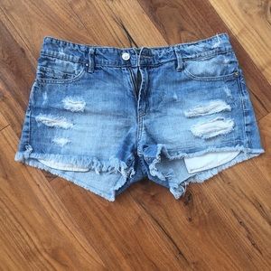 Distressed denim jean shorts